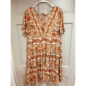 BILA Women Dress Medium Tiered Short Sleeve Boho Floral Paisley Flowy Relaxed